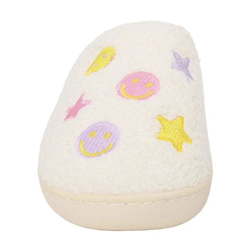 Girls Star Smiley Face Slippers Pink Plush Faux Fur Cozy House Shoes 5-6